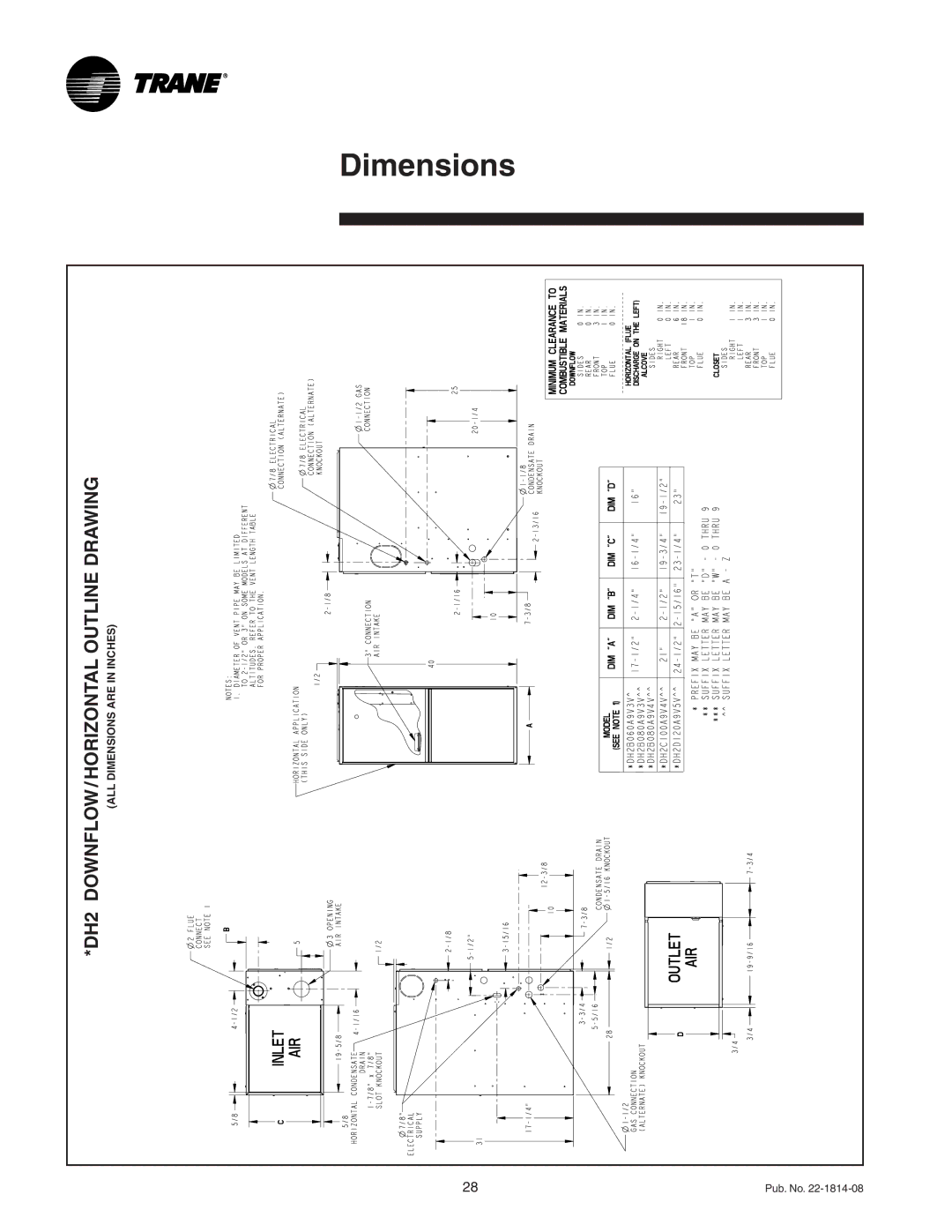 Trane TDH2B080A9V4VA, TUH2C100A9V5VA, TUH2C100A9V4VA, TUH2B080A9V3VA, TUH2D120A9V5VA DOWNFLOW / HORIZONTAL Outline Drawing 